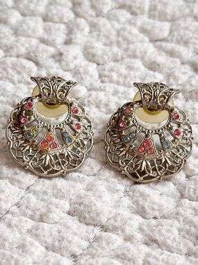 Filigree Statement Earrings Pink Blue Rhinestone Silver Tone Vintage Style